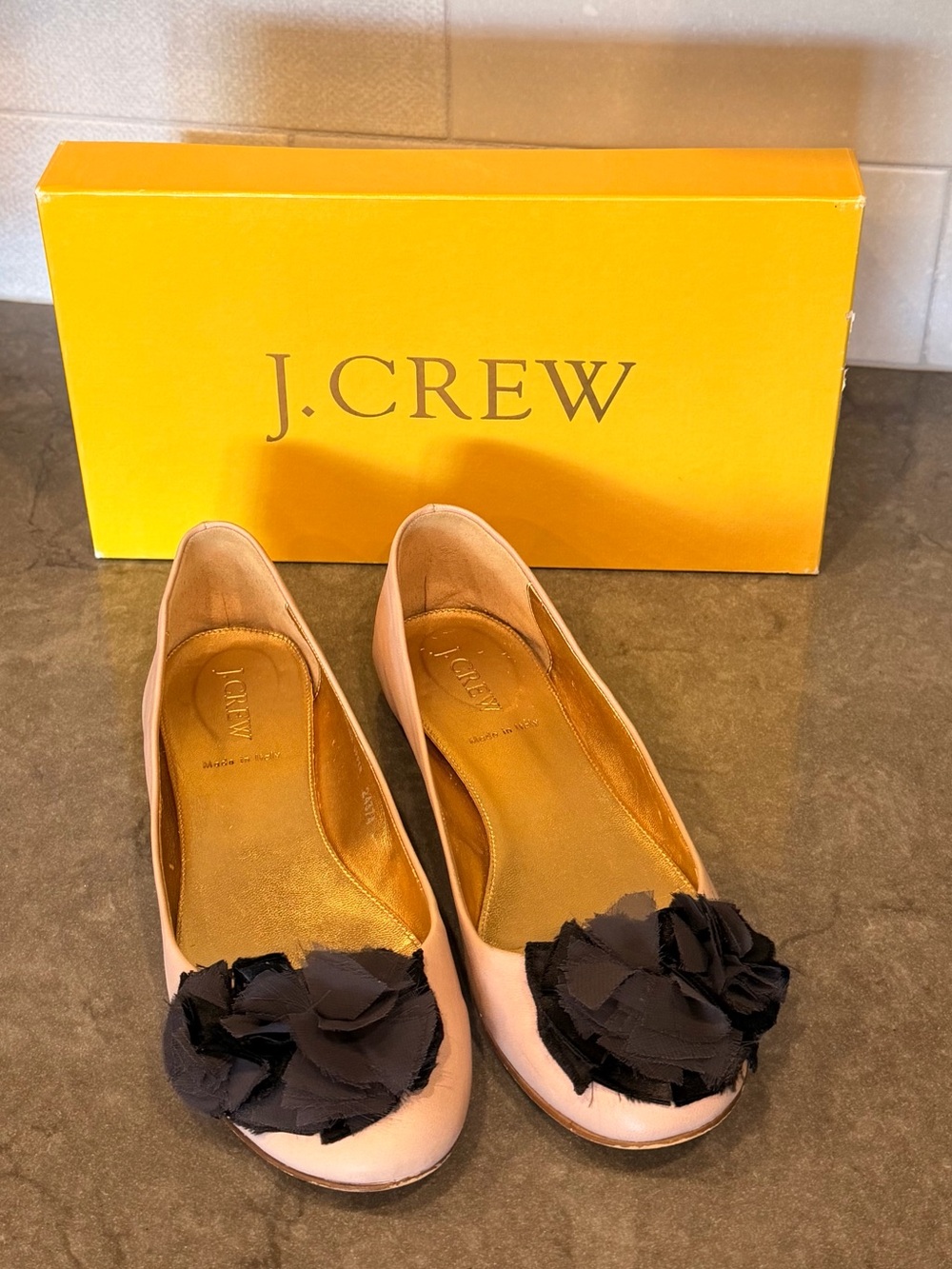 J. Crew Pink Ballet Flats with Black Flower Applique